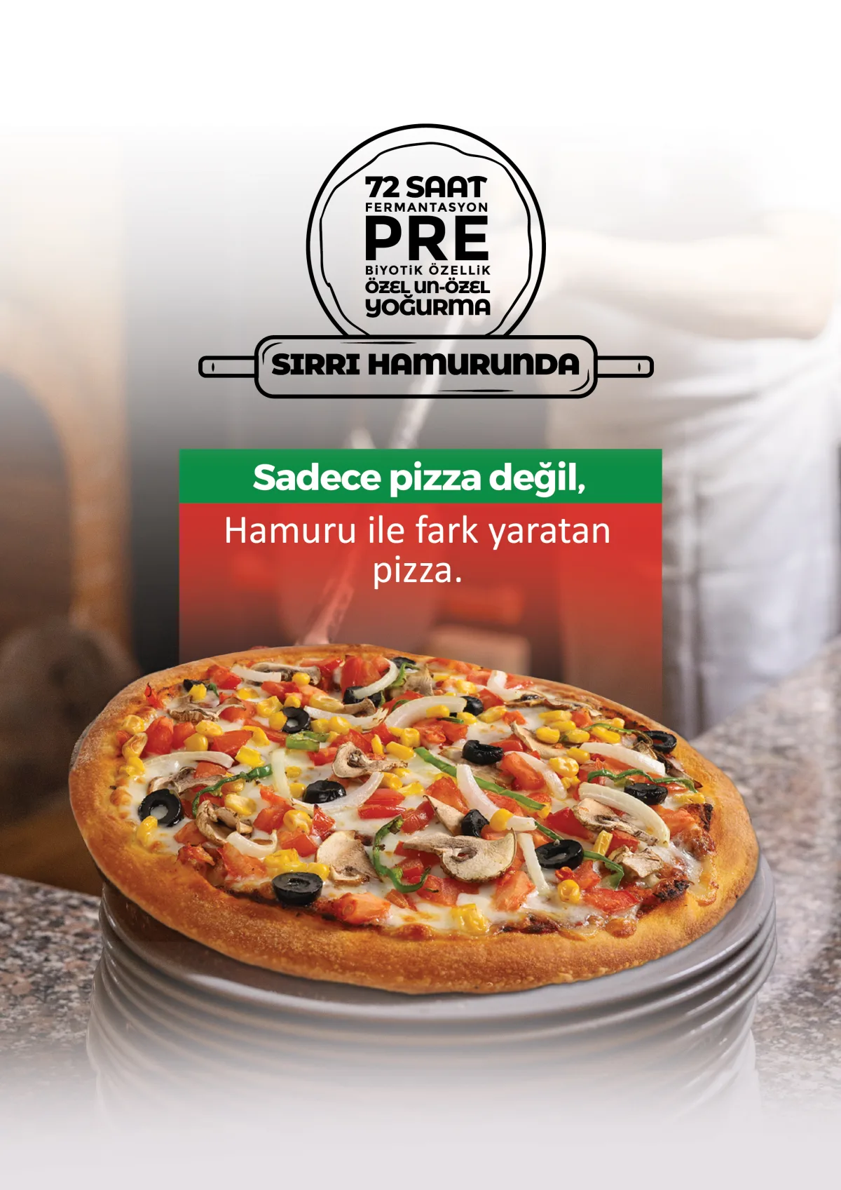 Kule Cafe pizza afişi — 72 saat fermantasyonlu, prebiyotik özellikli özel hamur: “Sadece pizza değil, hamuru ile fark yaratan pizza.”
